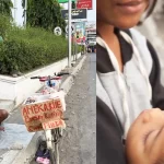 Anak perempuan berjualan kue sambil menggendong adiknya