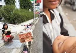 Anak perempuan berjualan kue sambil menggendong adiknya